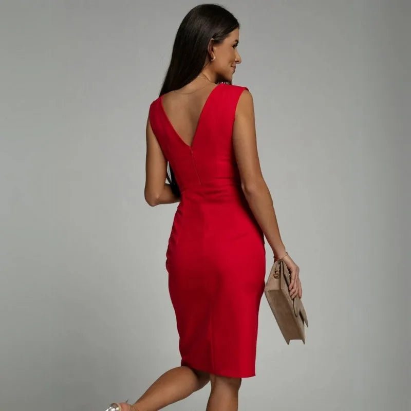 Zoe | Elegant V - Neck Wrap Midi Dress With Pleated Detail - Red - 5