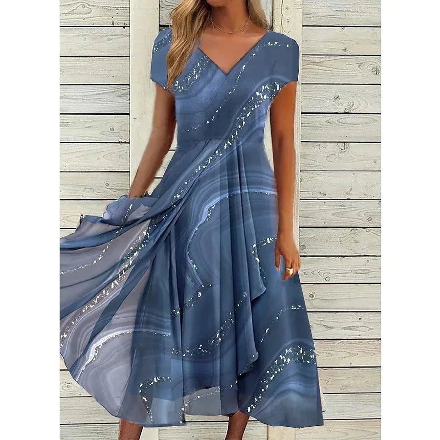 Ava | Elegant V - Neck Wrap Midi Dress with Sequin Details - Blue - 1