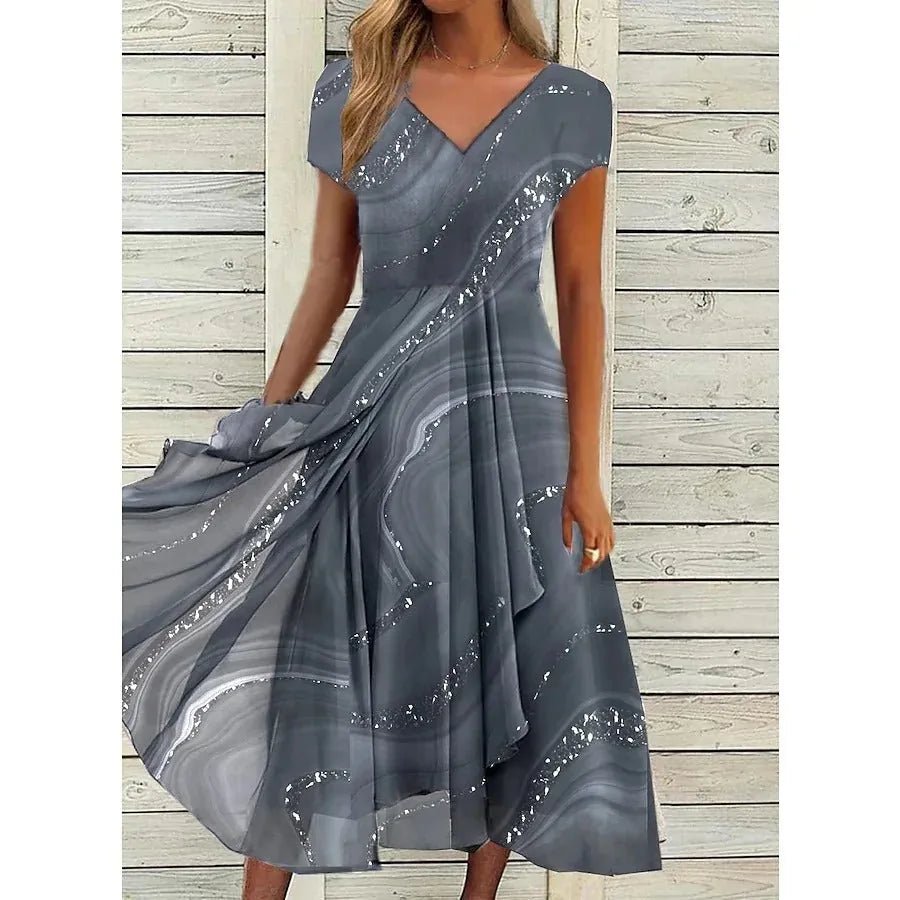 Ava | Elegant V - Neck Wrap Midi Dress with Sequin Details - Gray - 2