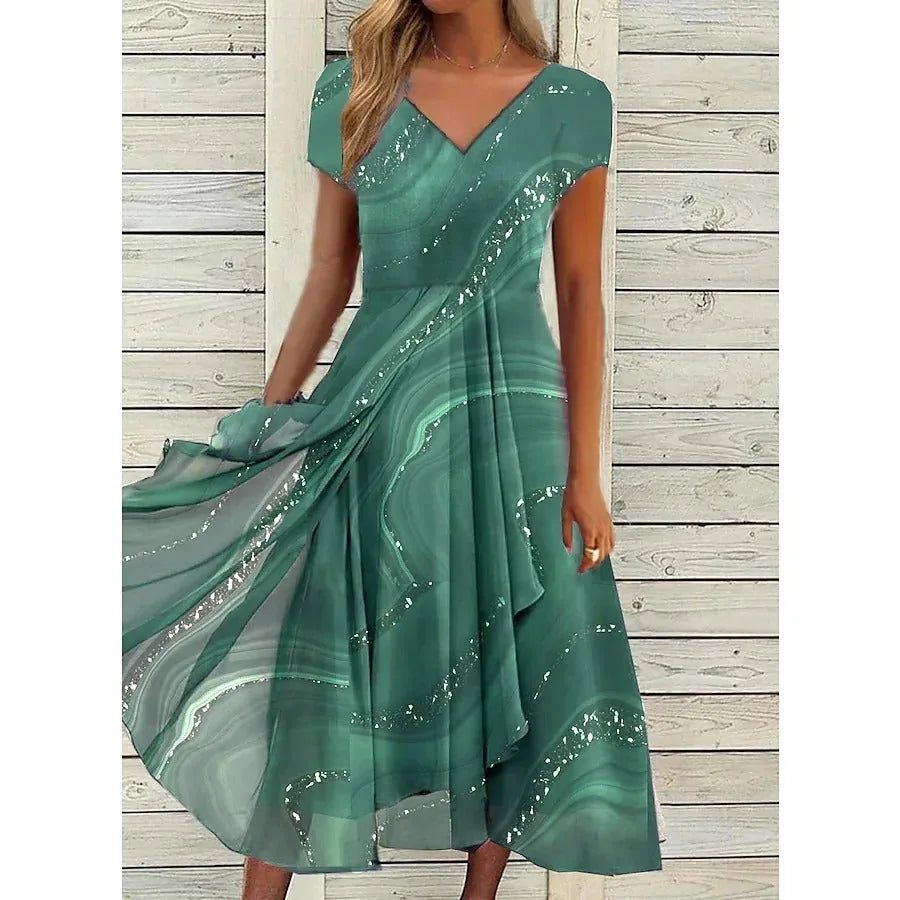 Ava | Elegant V - Neck Wrap Midi Dress with Sequin Details - Teal - 3