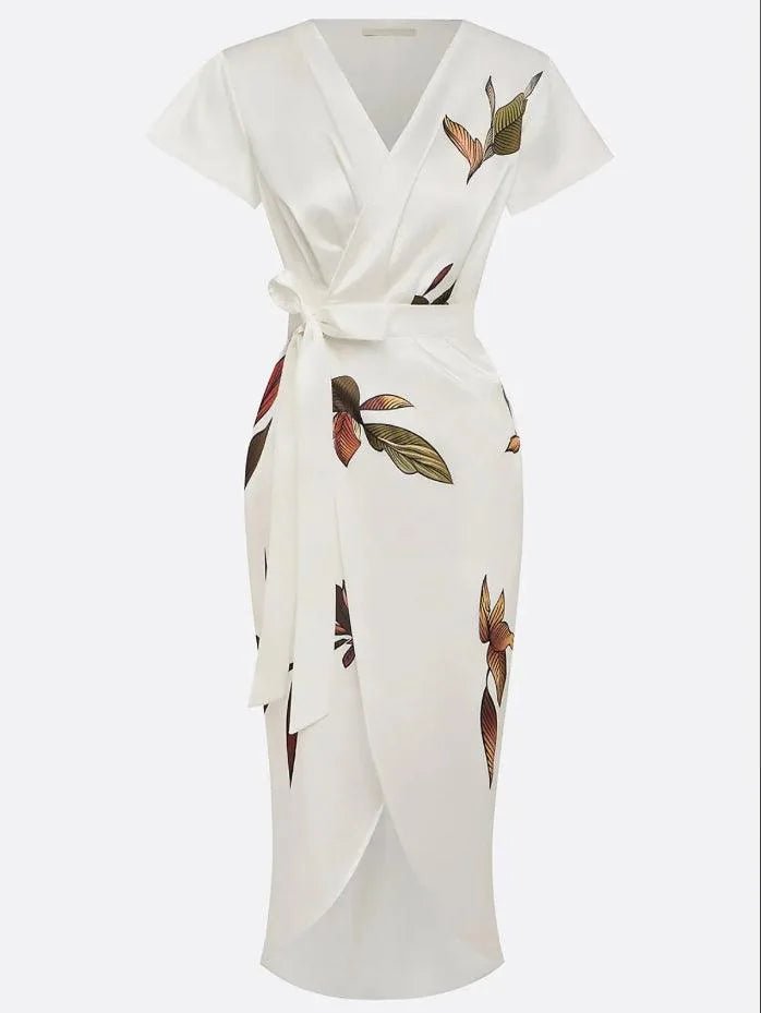 Harriet | Elegant V - Neck Floral Wrap Midi Dress - Light Blue - 6