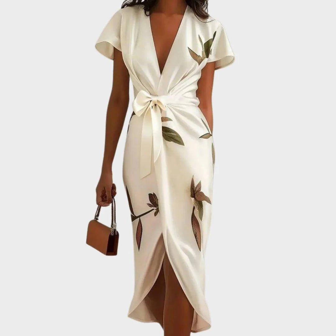 Harriet | Elegant V - Neck Floral Wrap Midi Dress - Cream - 1