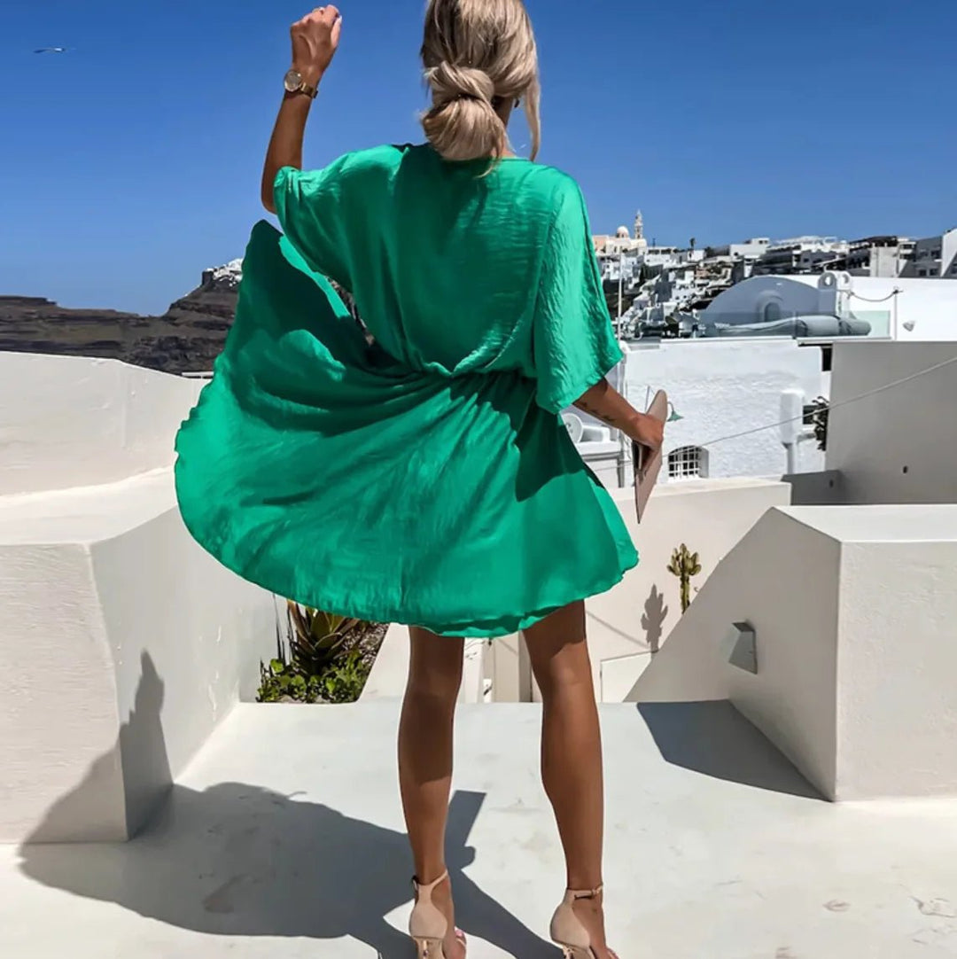 Iris | Elegant V - Neck Wrap Mini Dress - Green - 8