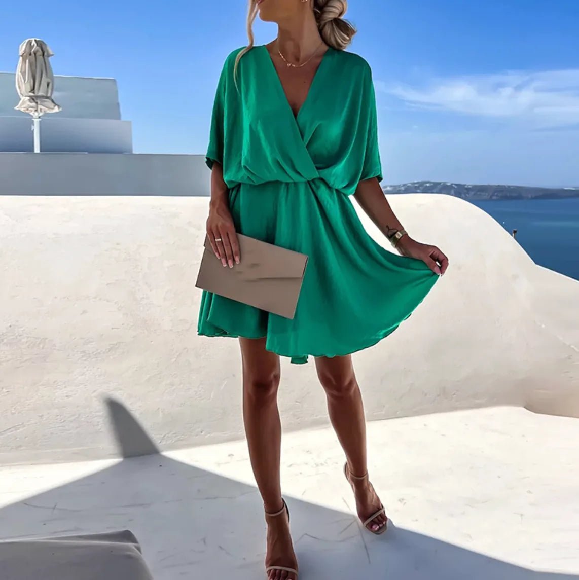 Iris | Elegant V - Neck Wrap Mini Dress - Green - 6