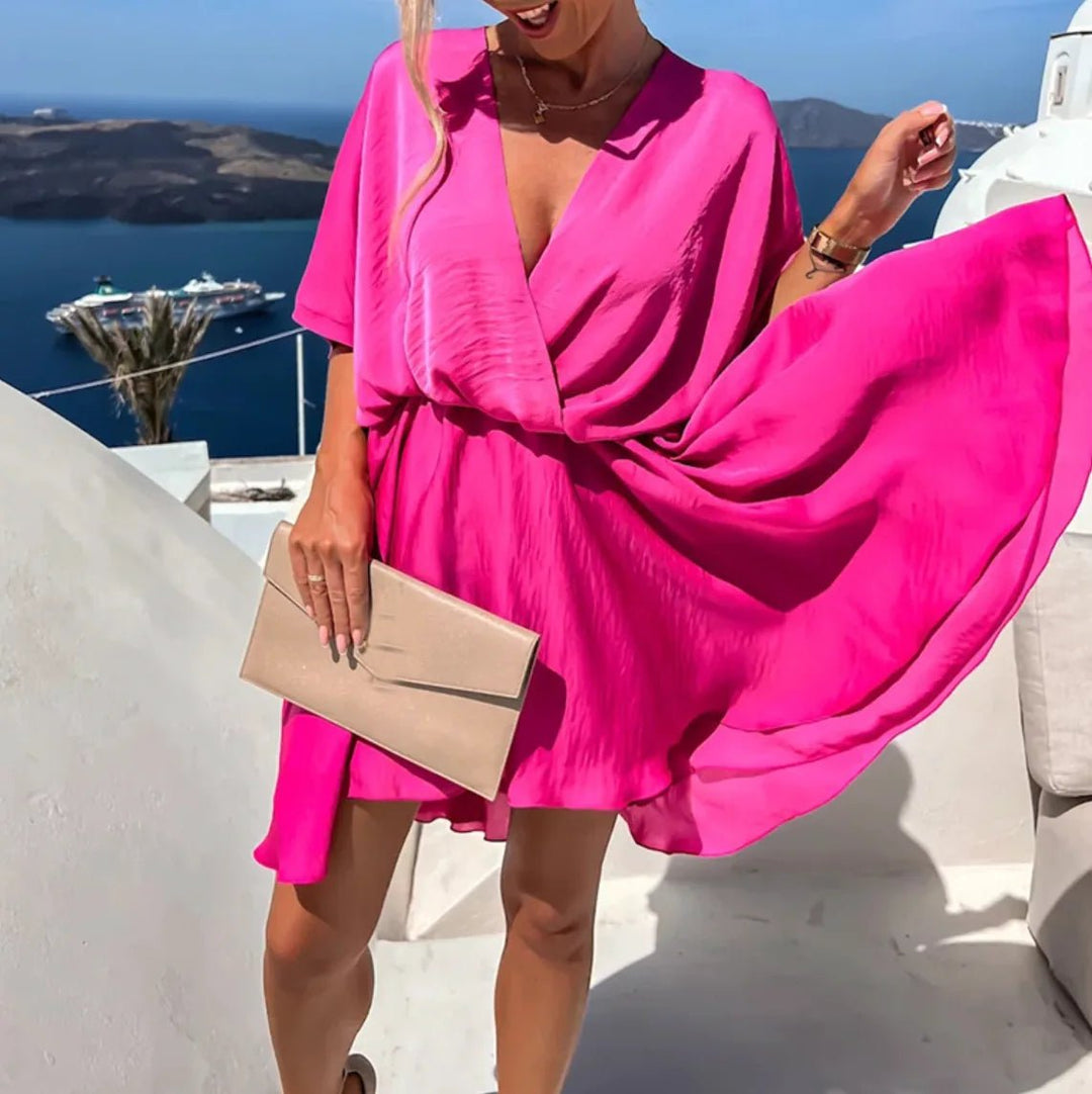 Iris | Elegant V - Neck Wrap Mini Dress - Hot Pink - 11