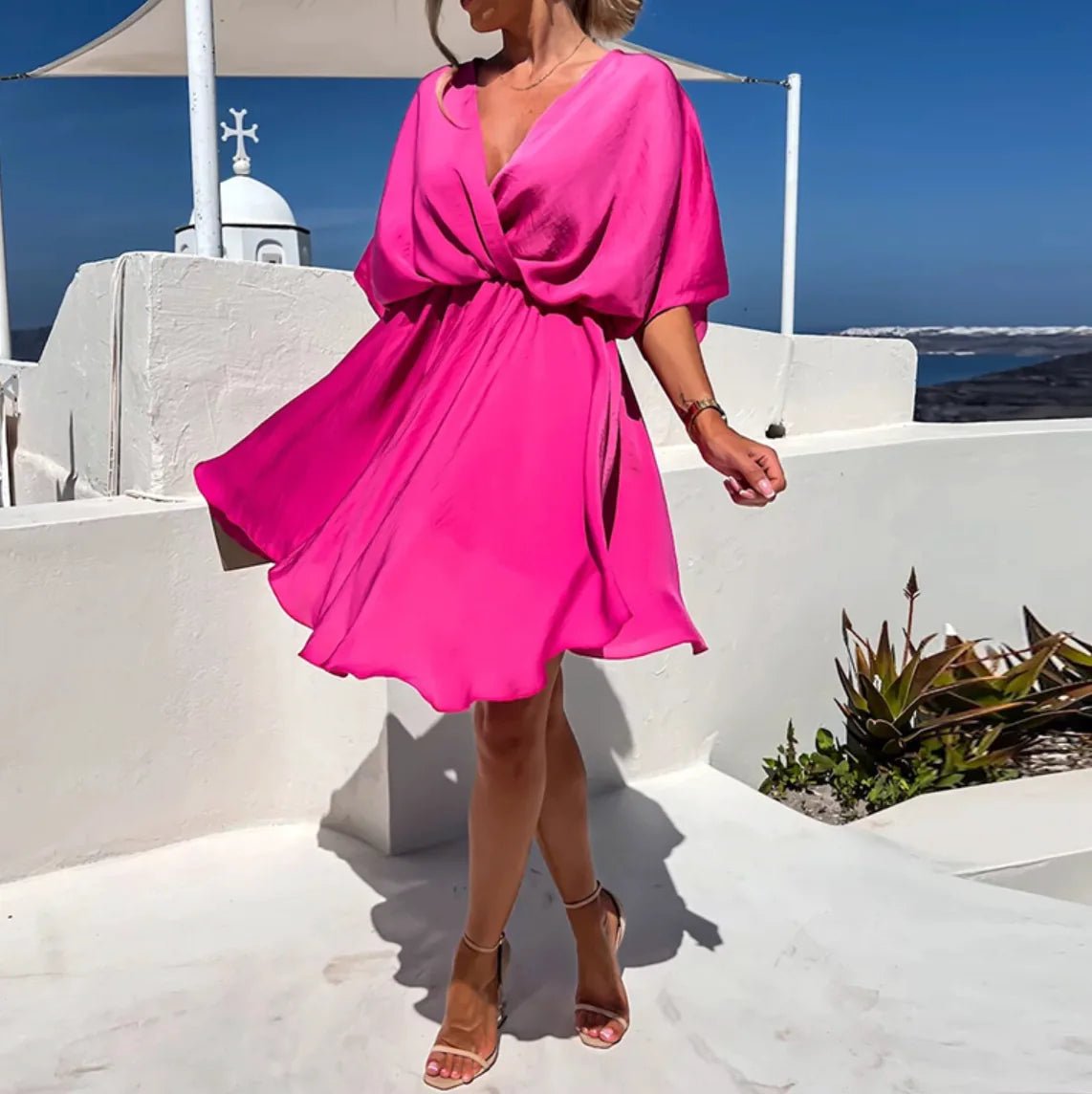 Iris | Elegant V - Neck Wrap Mini Dress - Hot Pink - 10