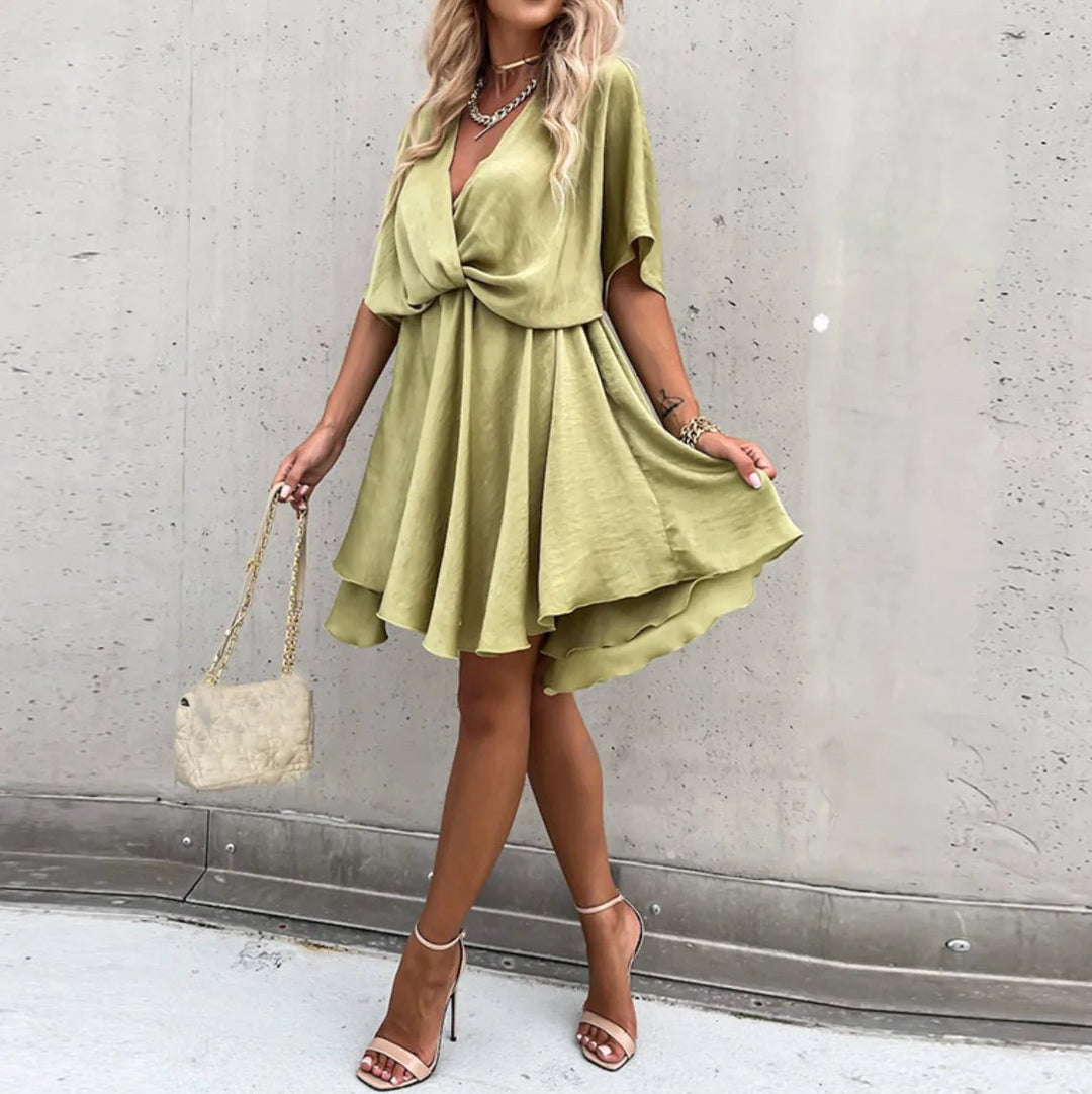 Iris | Elegant V - Neck Wrap Mini Dress - Light Green - 4