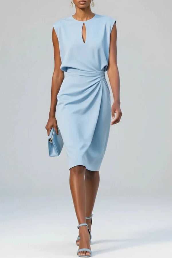 Light Blue Women's Black Elegant Wedding Guest Keyhole Dress — Hannah Side Drape Cocktail - Front Full