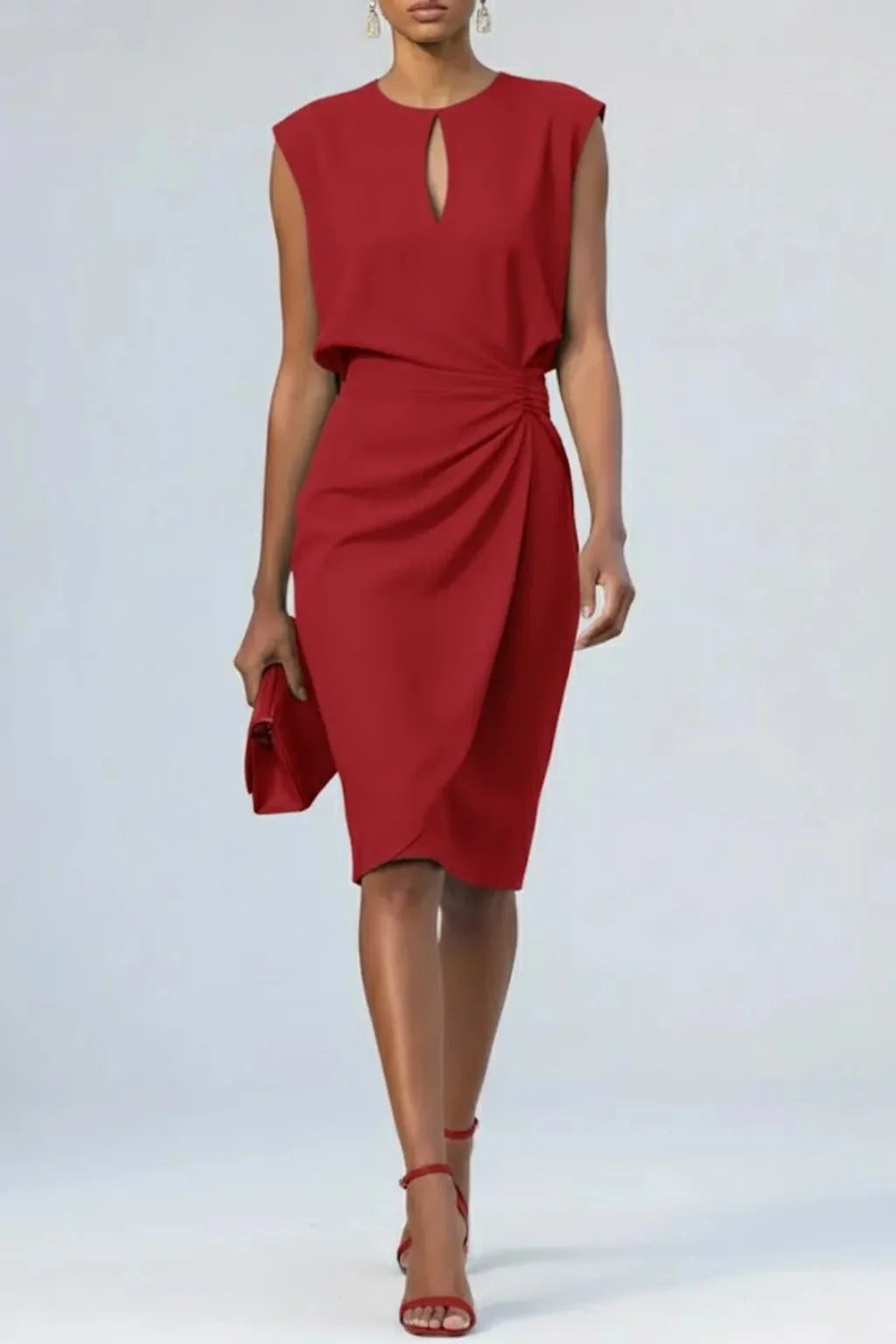 Red Women's Black Elegant Wedding Guest Keyhole Dress — Hannah Side Drape Cocktail - Formal Pose