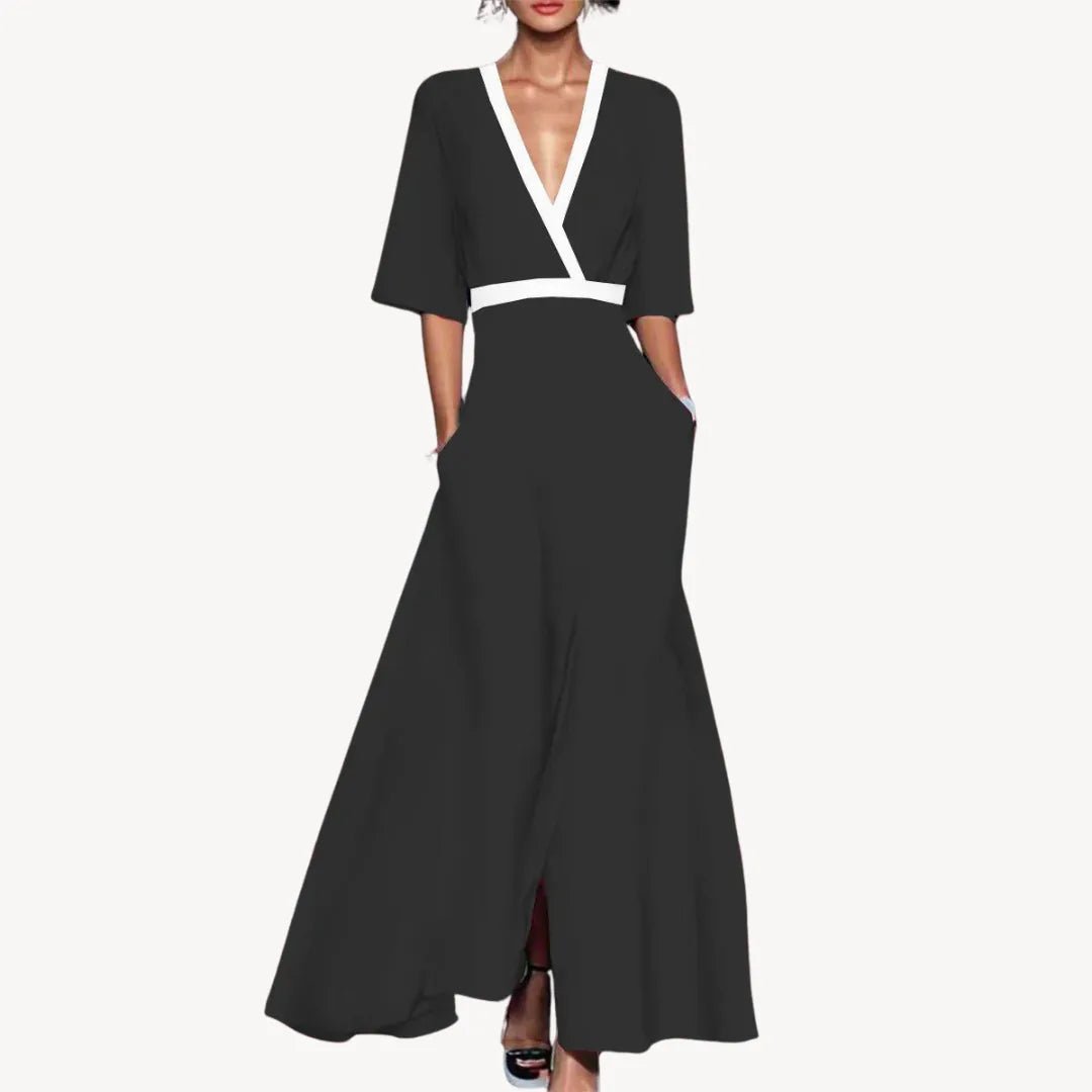 Margaret | Elegant V - Neck Wrap Maxi Dress With Contrast Trim - Black - 1