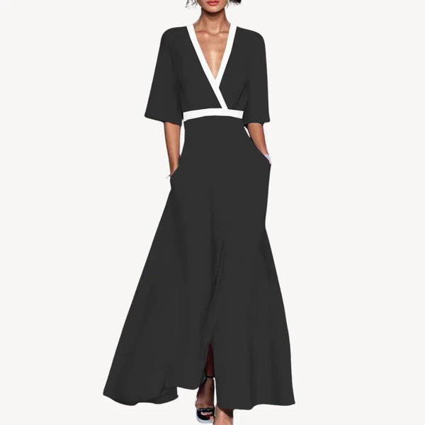 Margaret | Elegant V - Neck Wrap Maxi Dress With Contrast Trim - Black - 1