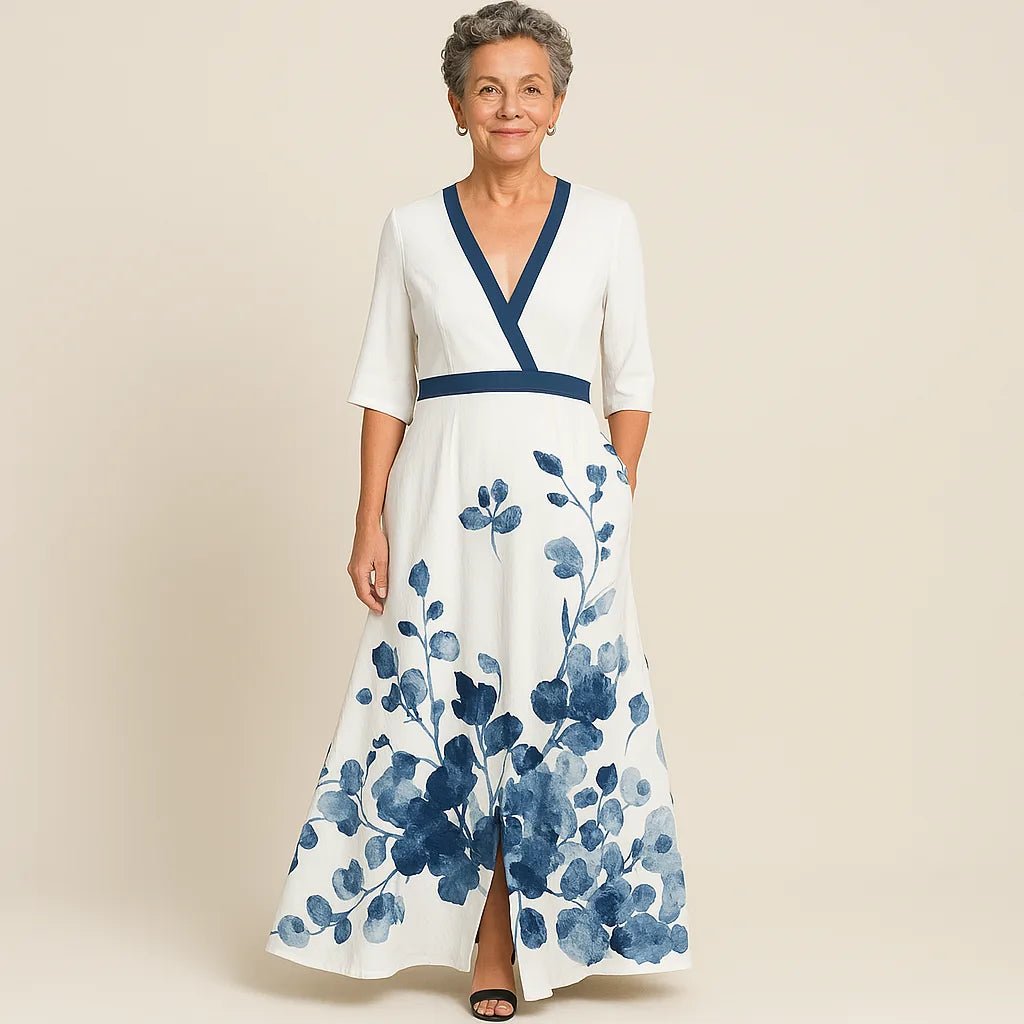 Margaret | Elegant V - Neck Wrap Maxi Dress With Contrast Trim - White - 4