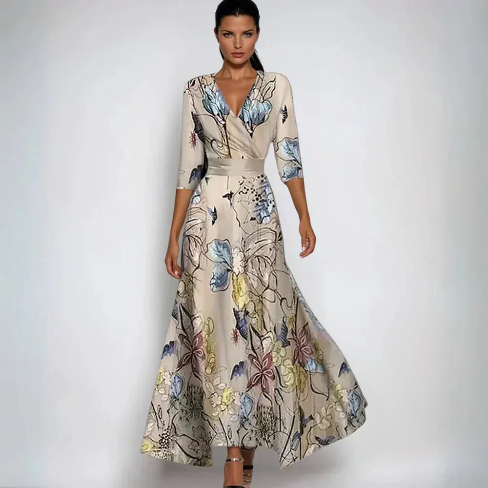 Amelia | Elegant Floral Wrap Maxi Dress with V - Neck - Cream - 3