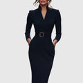 Elise | Elegant Black Wrap Midi Dress with Belt