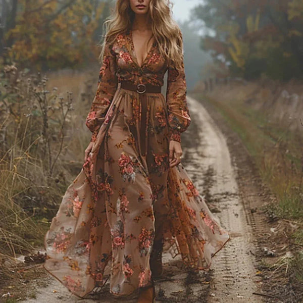 Brown Women's Embroidered Boho Maxi Dress — Francine Floral Tiered - Outdoor Pose