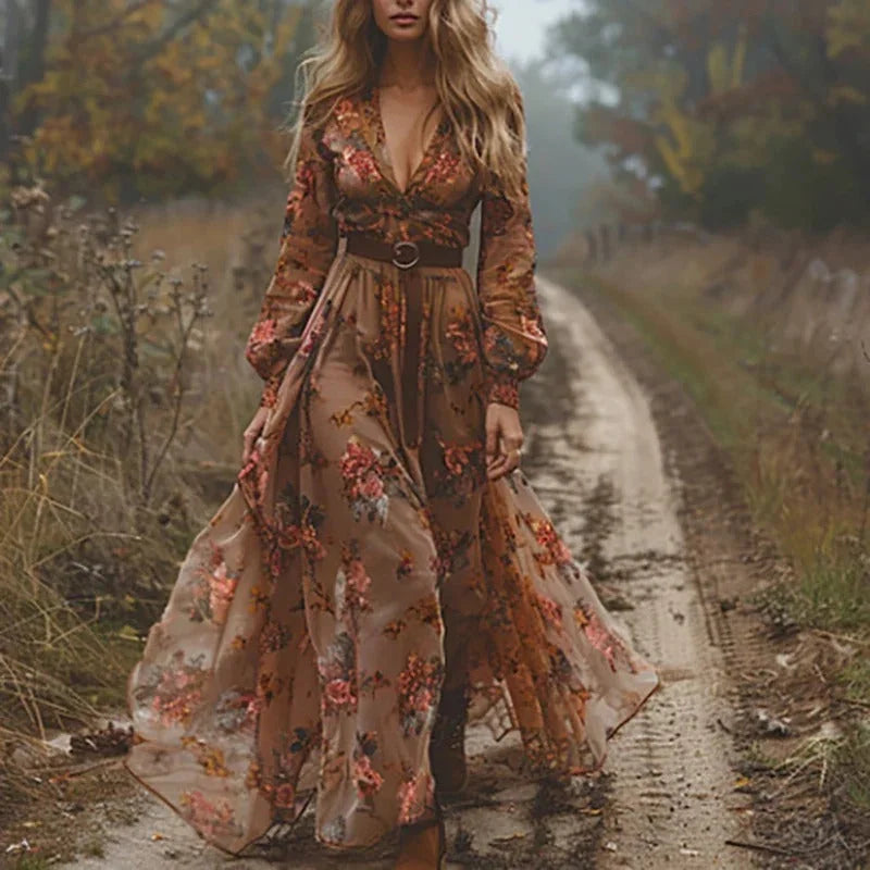 Brown Women's Embroidered Boho Maxi Dress — Francine Floral Tiered - Outdoor Pose