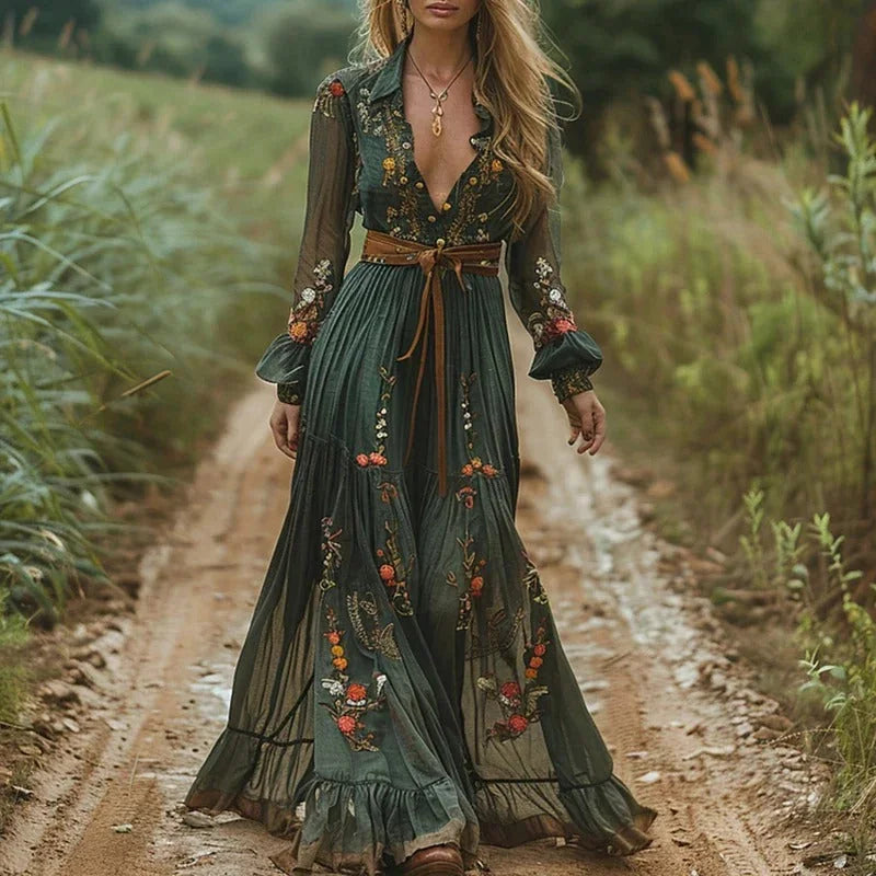Green Women's Embroidered Boho Maxi Dress — Francine Floral Tiered - Front Full