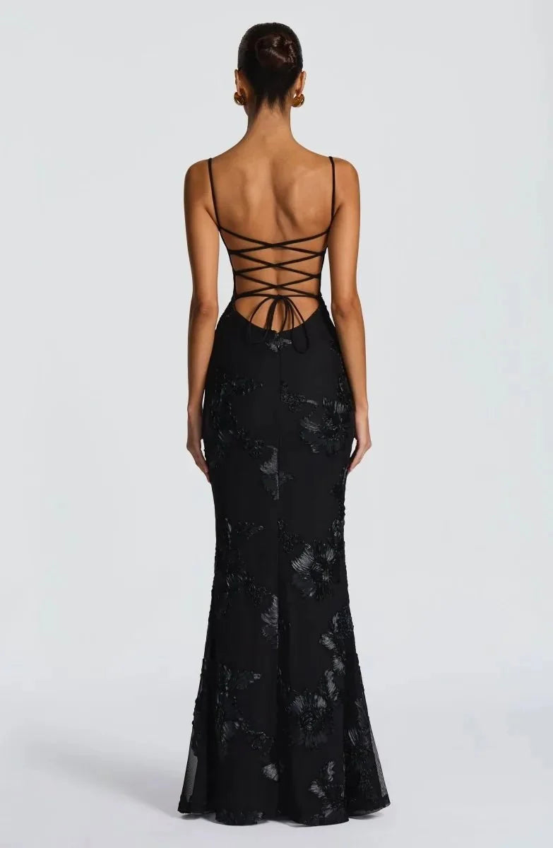 Black Women's Floral Embroidered Maxi Dress — Bianca Sweetheart Lace-Up - Back Lace Up