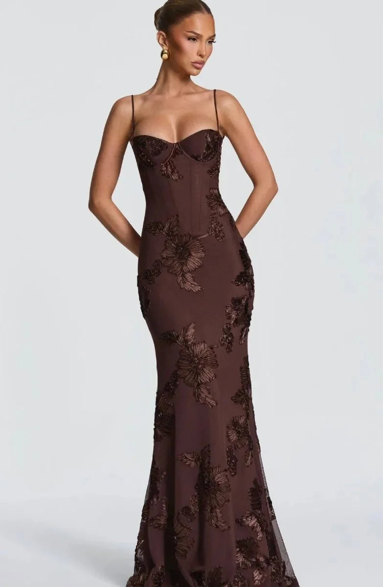 Brown Women's Floral Embroidered Maxi Dress — Bianca Sweetheart Lace-Up - Front Full