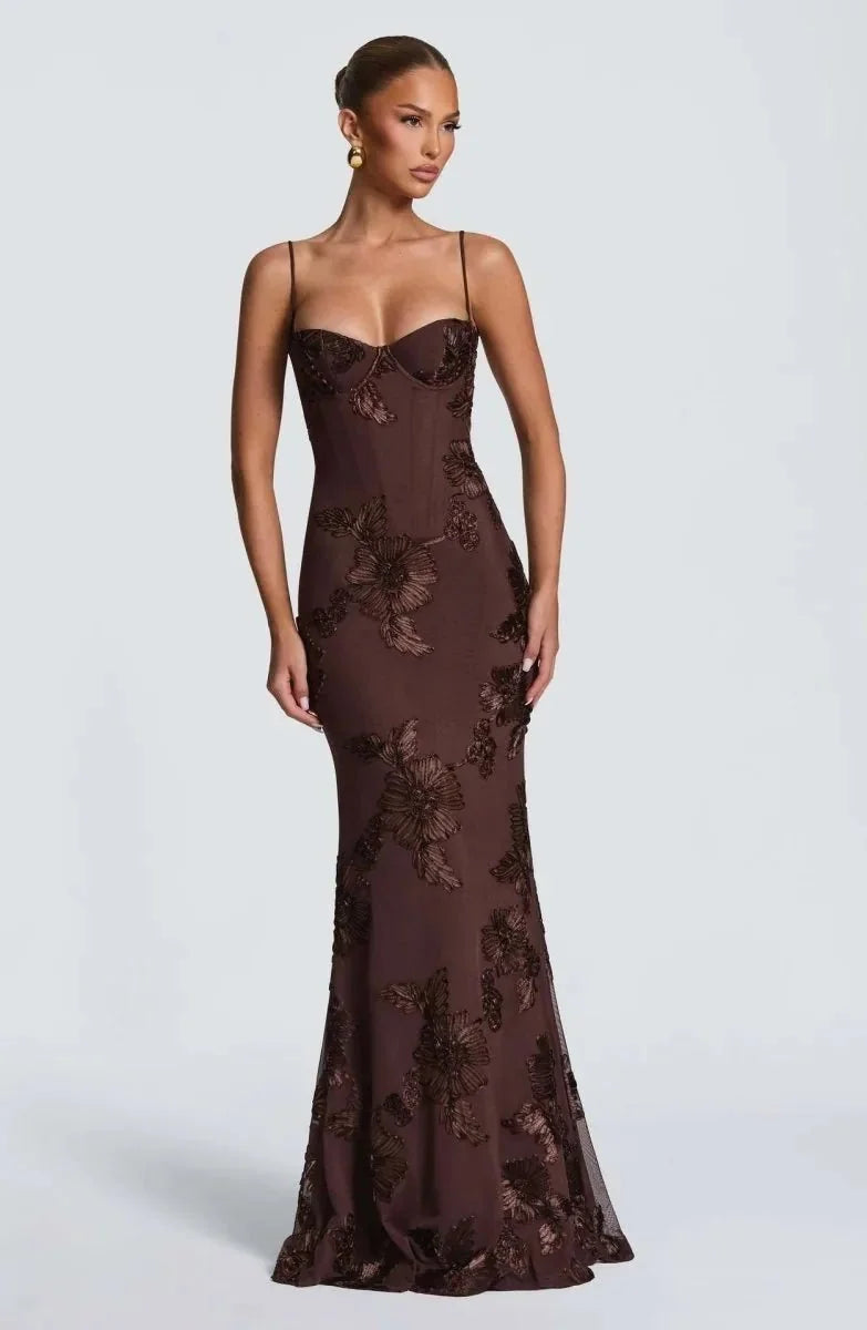 Brown Women's Floral Embroidered Maxi Dress — Bianca Sweetheart Lace-Up - Side Pose