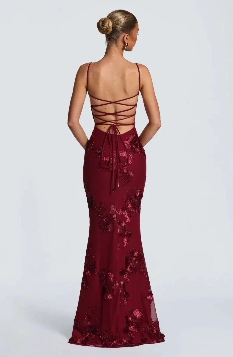 Burgundy Women's Floral Embroidered Maxi Dress — Bianca Sweetheart Lace-Up - Back Lace Up