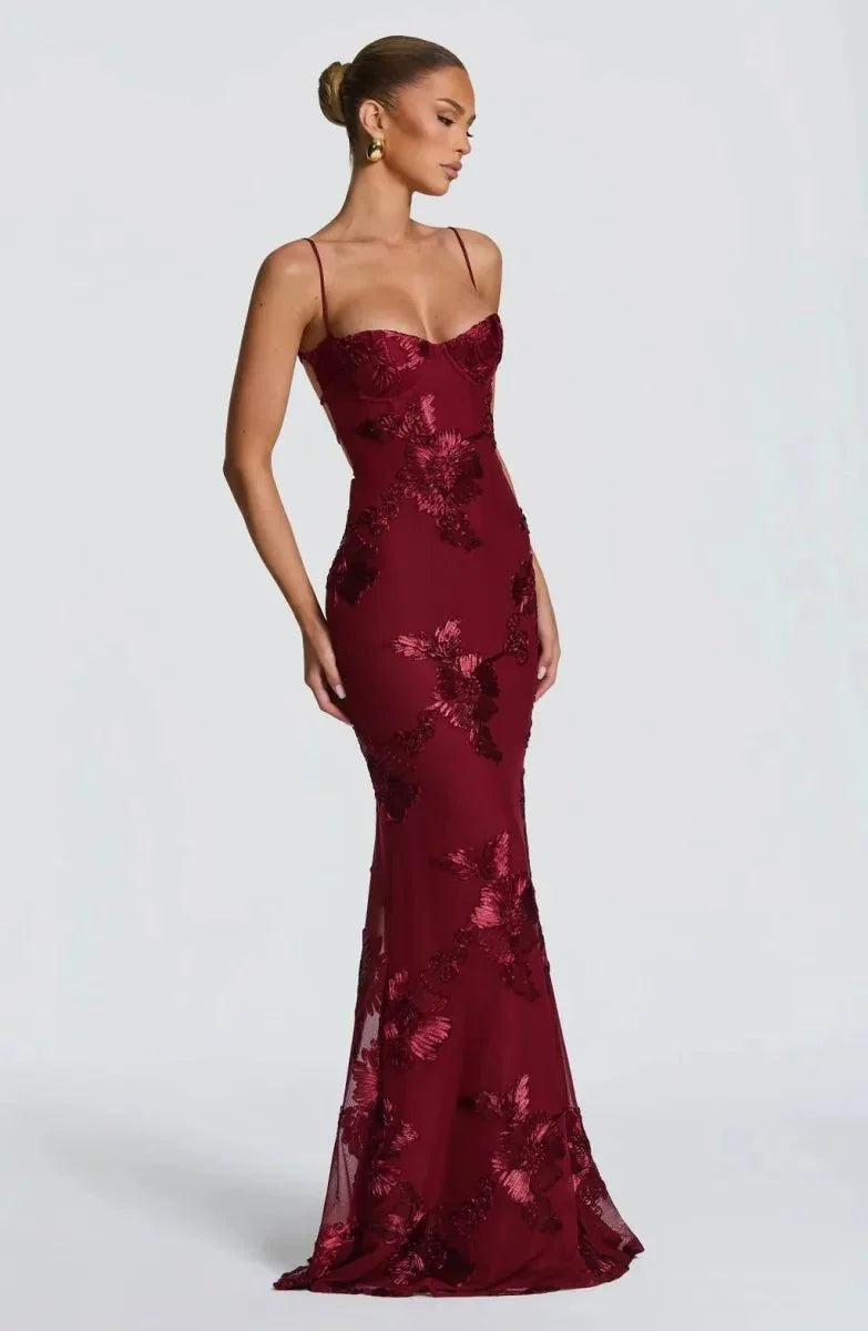 Burgundy Women's Floral Embroidered Maxi Dress — Bianca Sweetheart Lace-Up - Front Full
