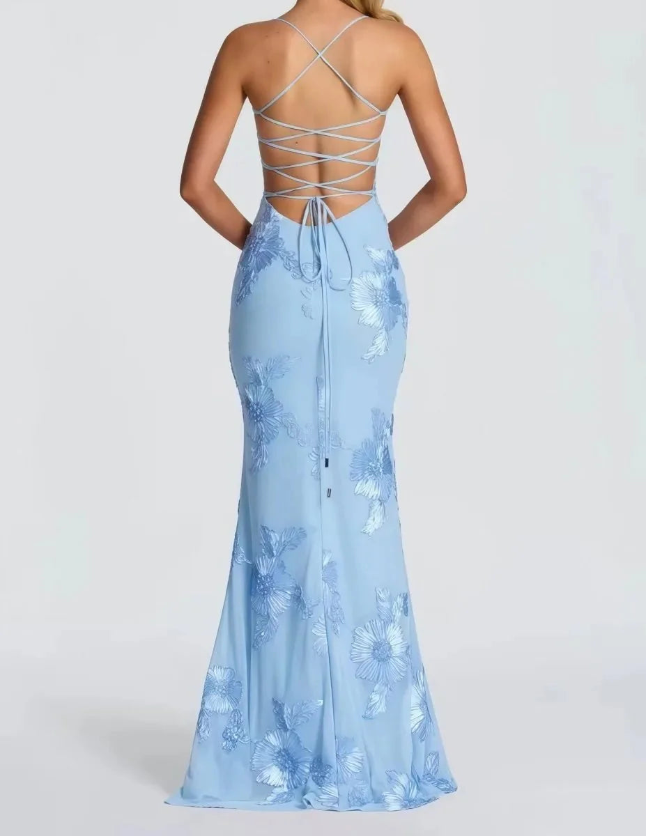 Light Blue Women's Floral Embroidered Maxi Dress — Bianca Sweetheart Lace-Up - Back Lace Up