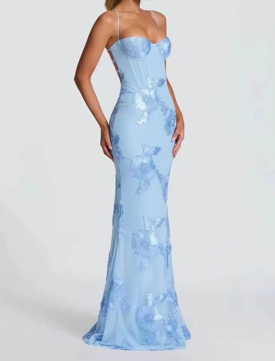 Light Blue Women's Floral Embroidered Maxi Dress — Bianca Sweetheart Lace-Up - Front Full