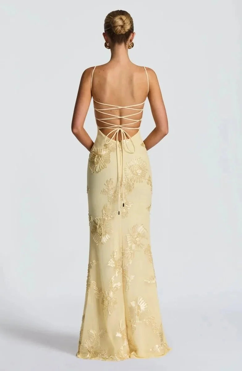 Light Green Women's Floral Embroidered Maxi Dress — Bianca Sweetheart Lace-Up - Back Lace Up