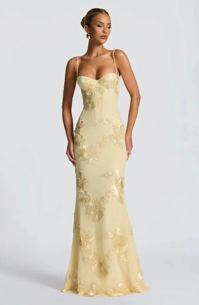 Light Green Women's Floral Embroidered Maxi Dress — Bianca Sweetheart Lace-Up - Side Pose