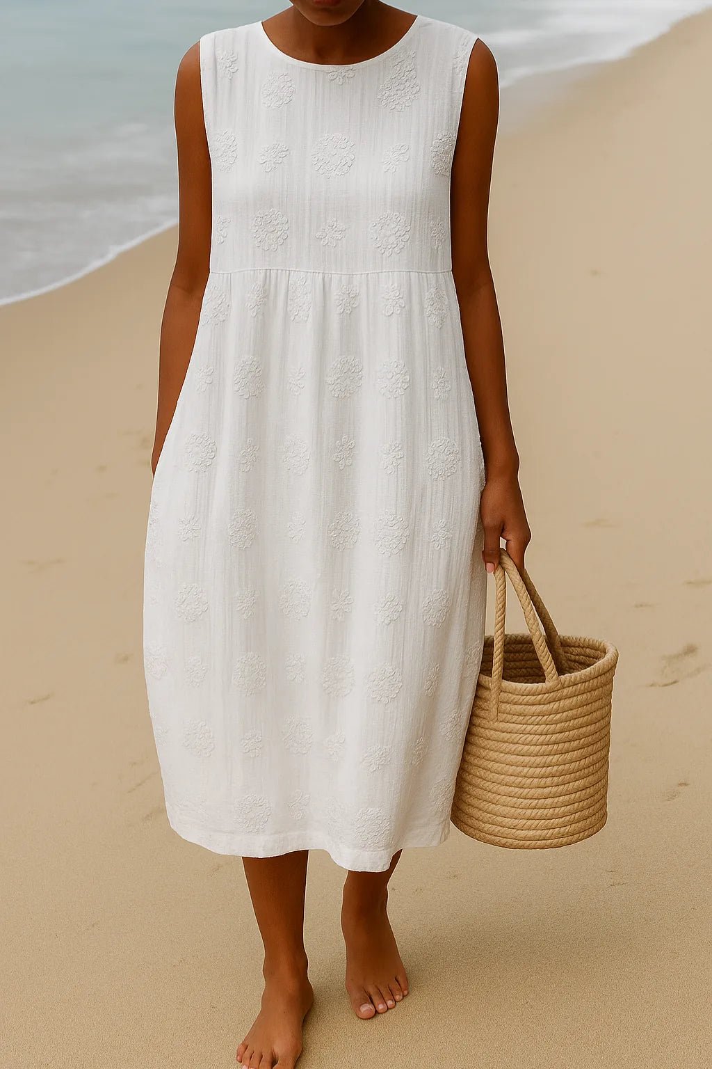 Matilda | Elegant Embroidered Sleeveless Beach Dress - White - 3