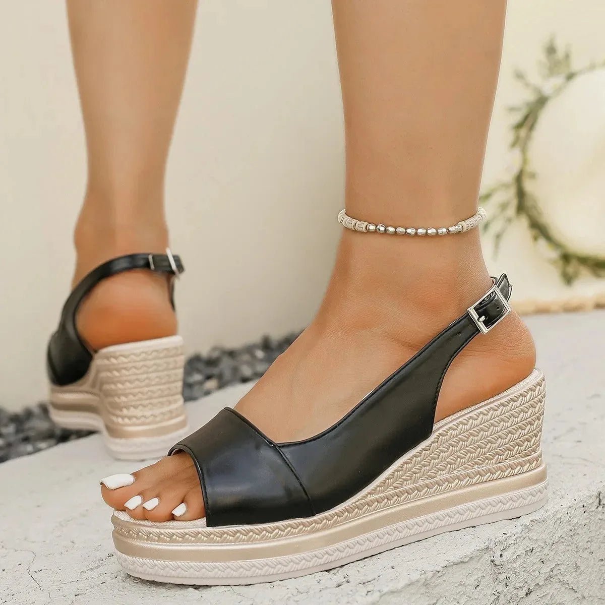 Elise | Stylish Espadrille Platform Sandals With Ankle Strap - Black - 3