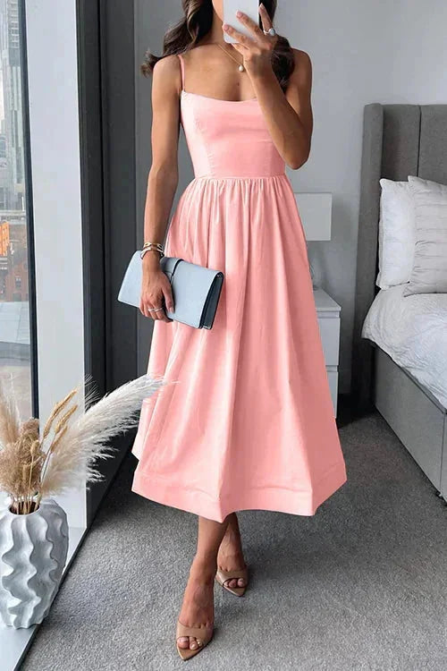 Rosa Women's Fitted Spaghetti Strap Midi Dress — Olive A-Line Tiered - Front Pose