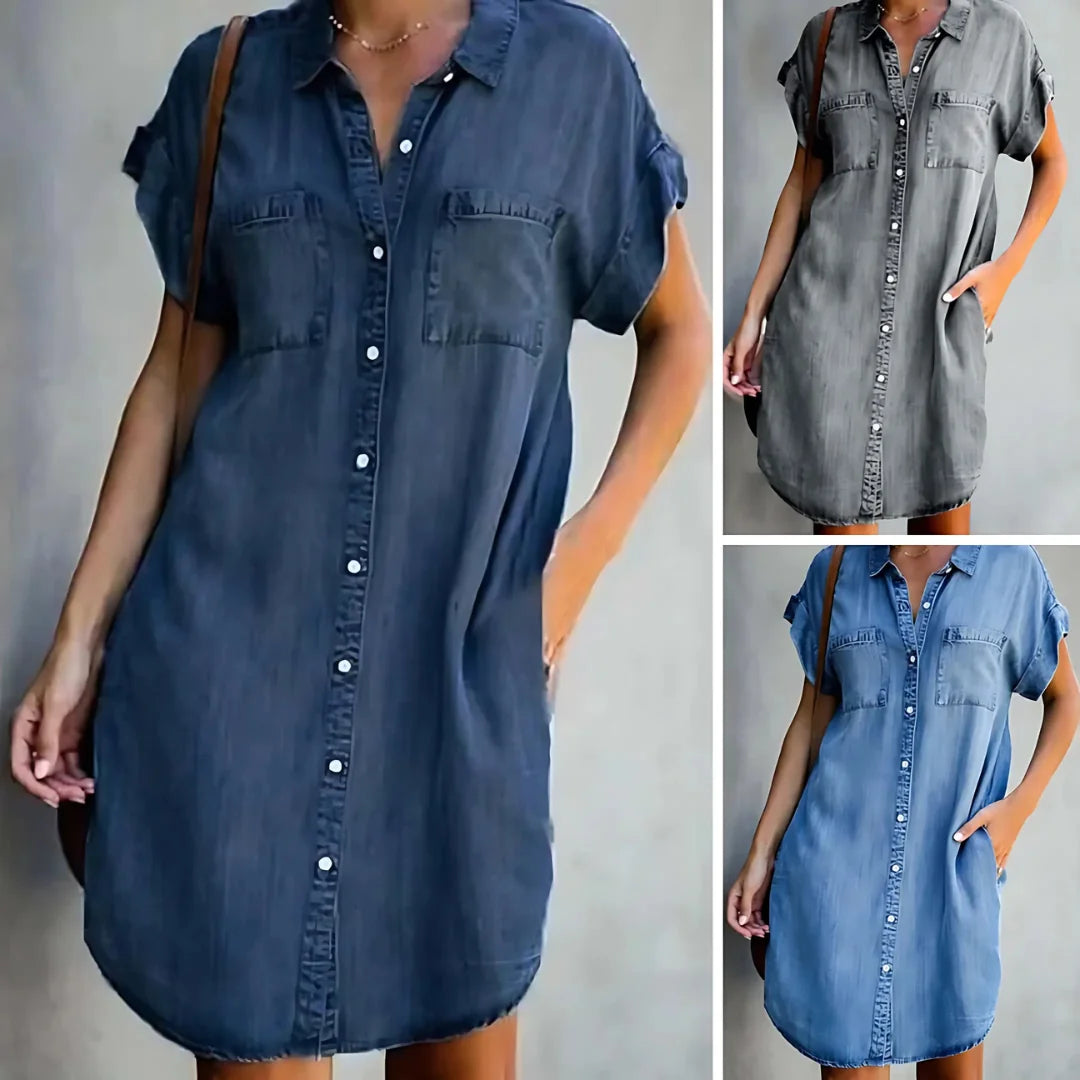 Dark Blue Women's Flattering Button-Front Shirt Dress — Gemma Tummy Control Denim - Multi View Comparison