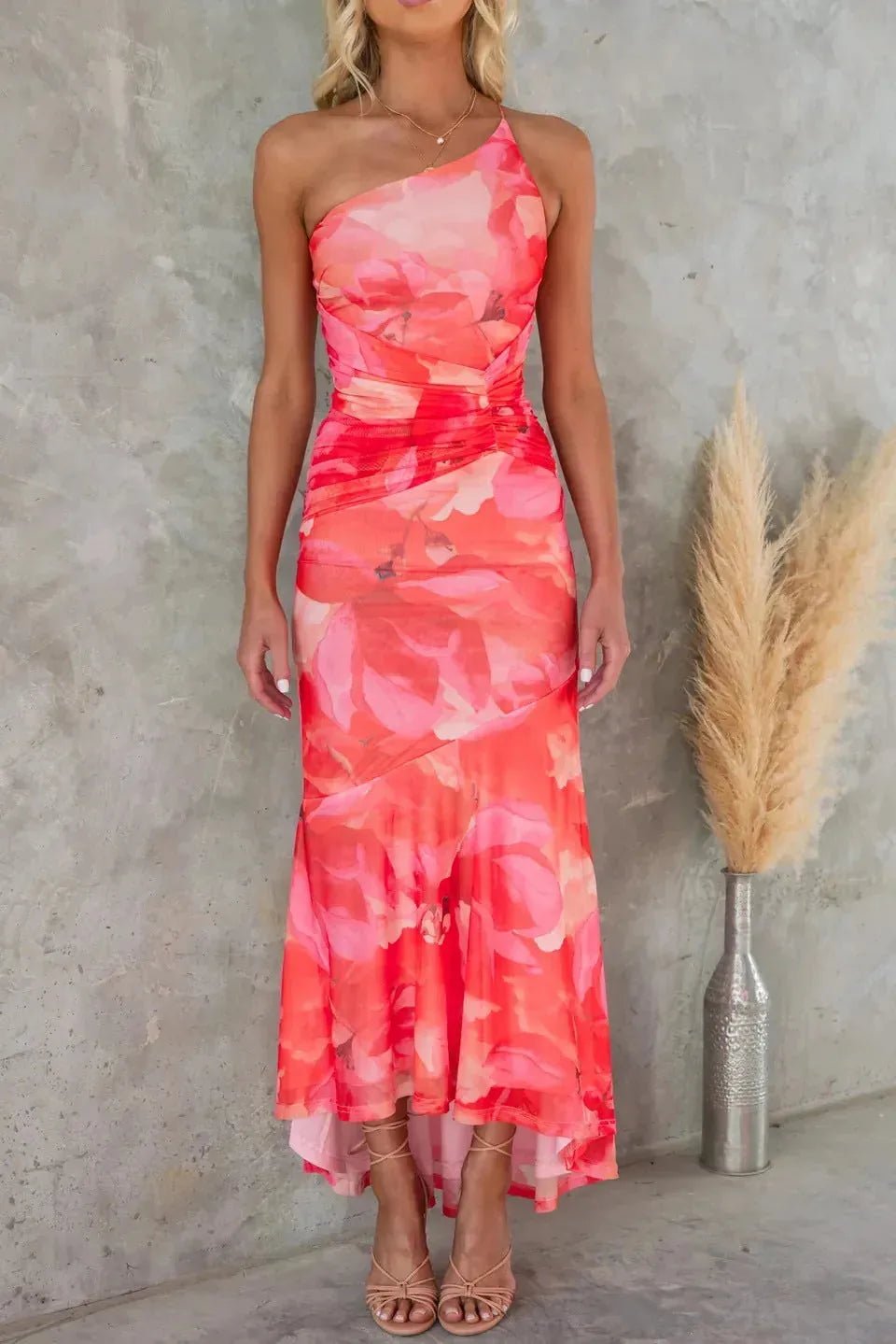 Willow | Elegant Floral One Shoulder Wedding Guest Dress - Red - 4