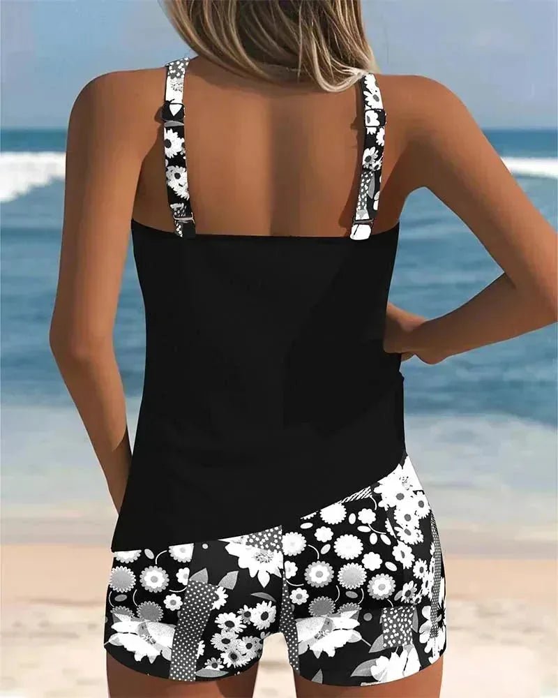 Eloise | Stylish Floral Print Tankini With Racerback - Black - 8