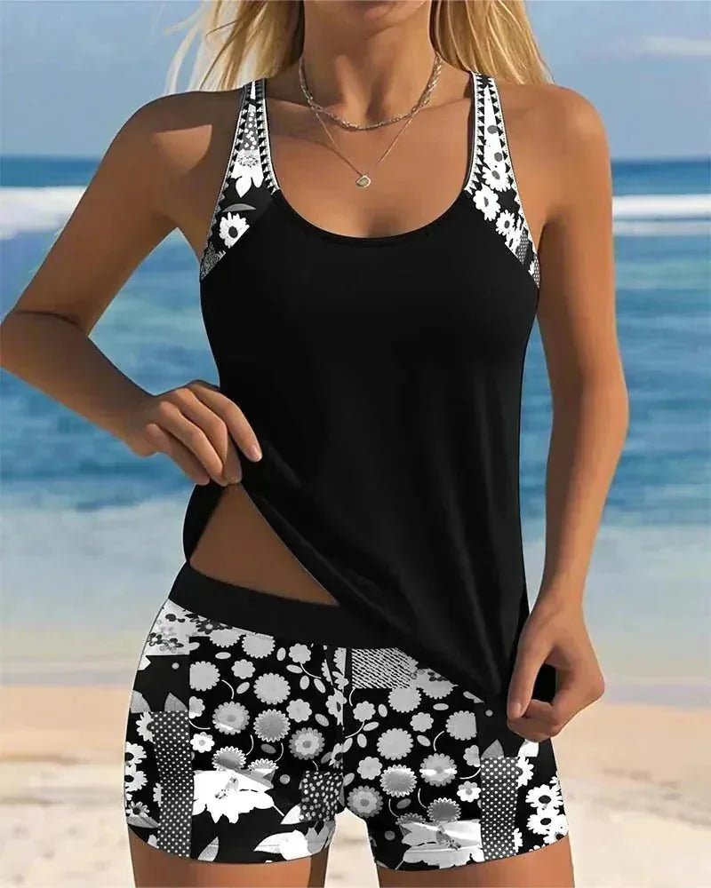 Eloise | Stylish Floral Print Tankini With Racerback - Black - 7