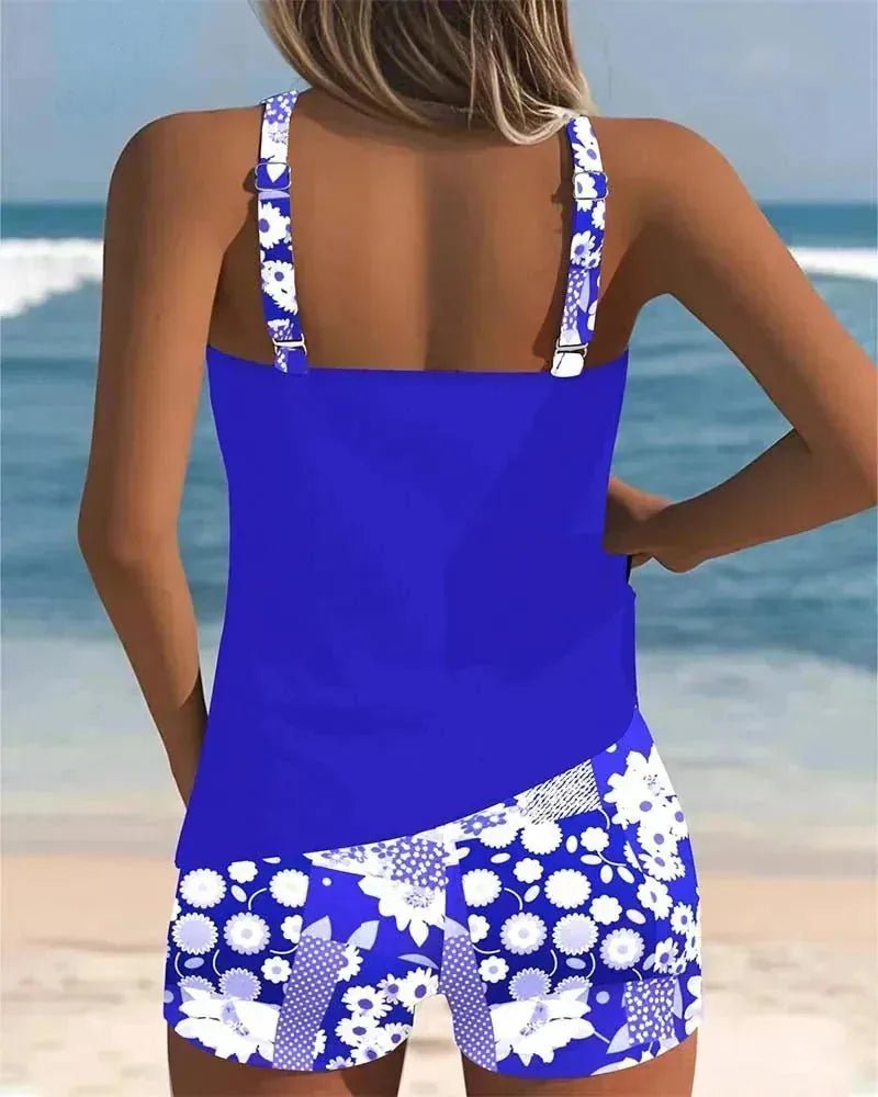 Eloise | Stylish Floral Print Tankini With Racerback - Blue - 6