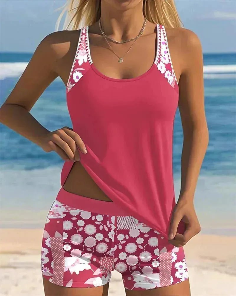 Eloise | Stylish Floral Print Tankini With Racerback - Pink - 9