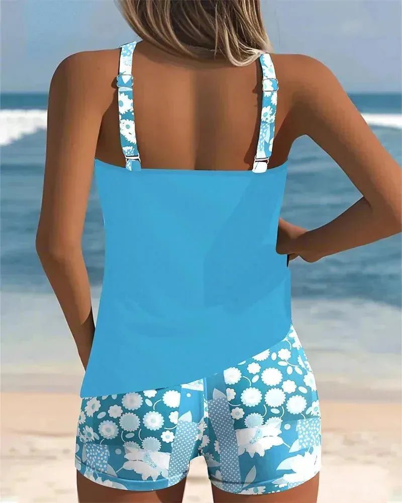 Eloise | Stylish Floral Print Tankini With Racerback - Turquoise - 4