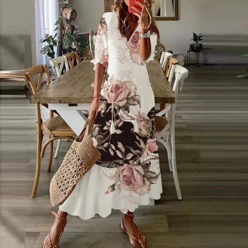 Esme | Chic Floral Short Sleeve Beach Dress - White - 2