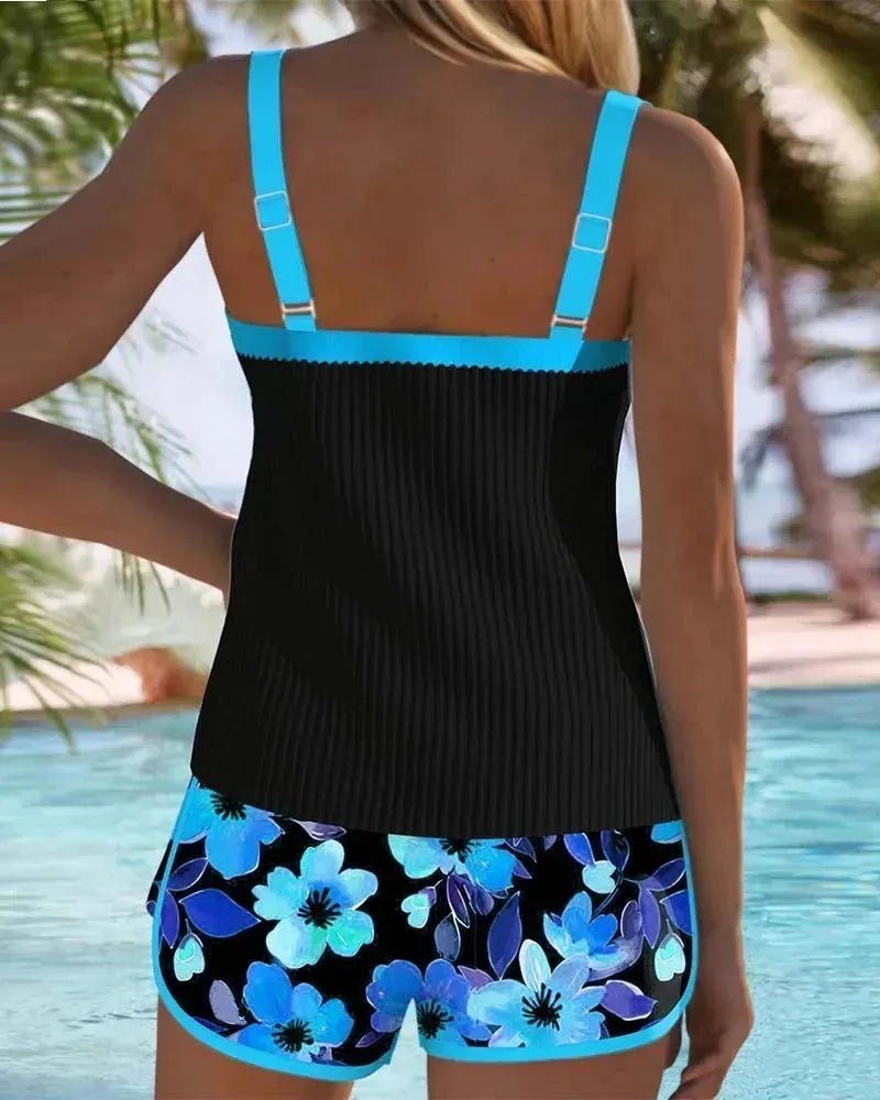 Isabella | Elegant Floral Tankini with Shorts - Blue - 9