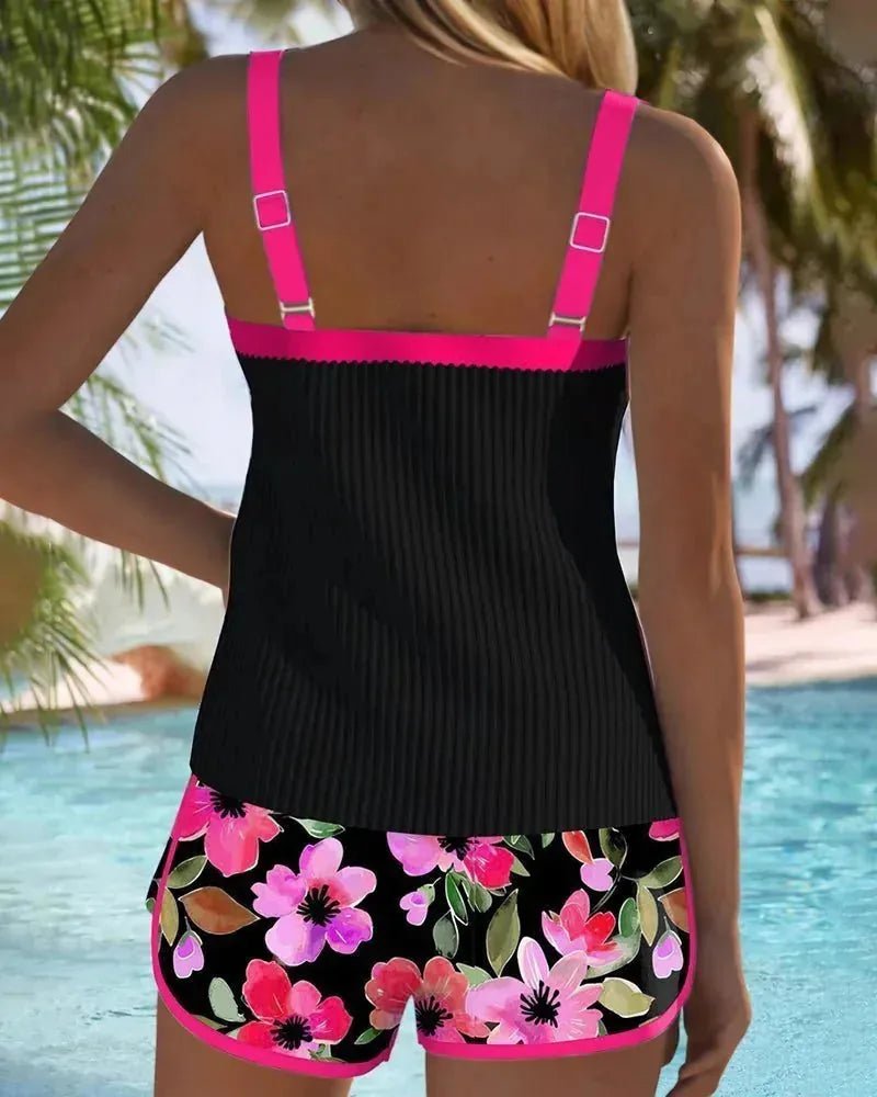 Isabella | Elegant Floral Tankini with Shorts - Hot Pink - 4