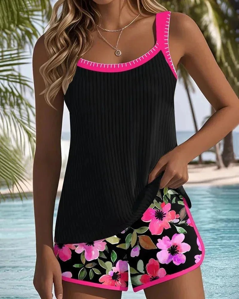 Isabella | Elegant Floral Tankini with Shorts - Hot Pink - 3