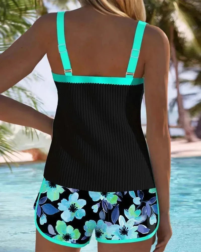 Isabella | Elegant Floral Tankini with Shorts - Turquoise - 8
