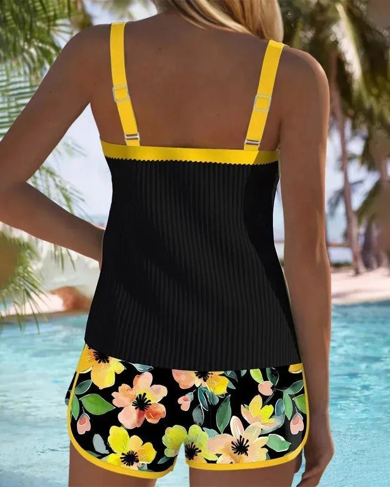 Isabella | Elegant Floral Tankini with Shorts - Yellow - 6