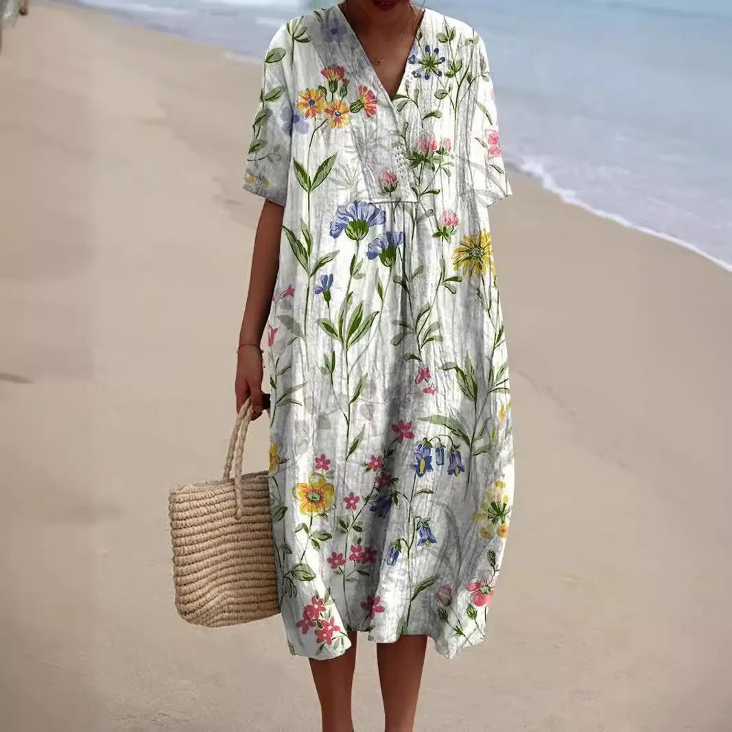 Clara | Floral V - Neck Beach Dress With Short Sleeves - White - 2
