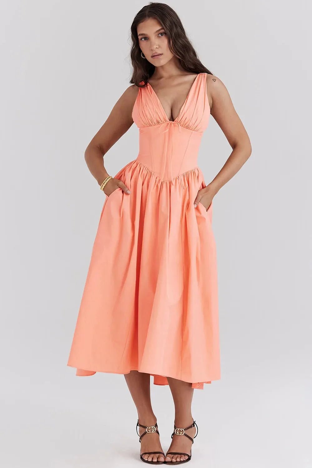 Beatrice | Floral V - Neck Wedding Guest Midi Dress - Orange - 4
