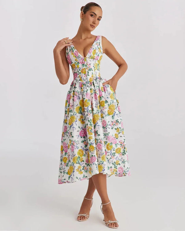 Beatrice | Floral V - Neck Wedding Guest Midi Dress - White - 1