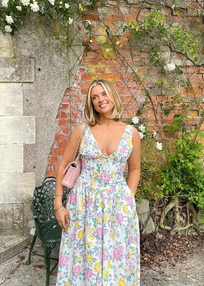 Beatrice | Floral V - Neck Wedding Guest Midi Dress - Orange - 5